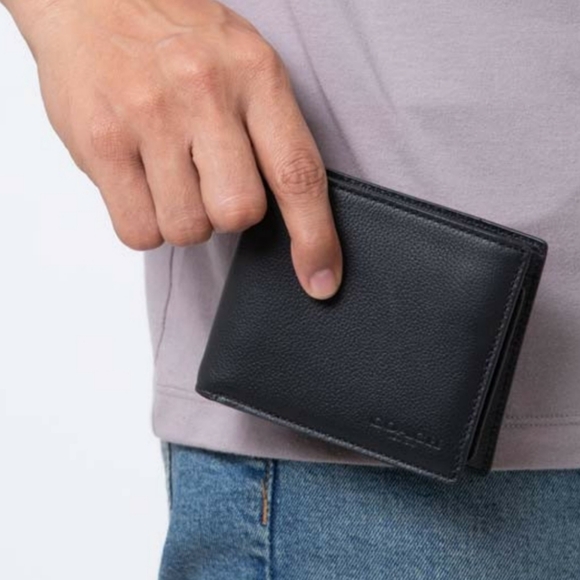 2PC Coach Navy Blue Compact ID Crossgrain Leather Bifold Credit Card Wallet NWOT - Picture 3 of 14